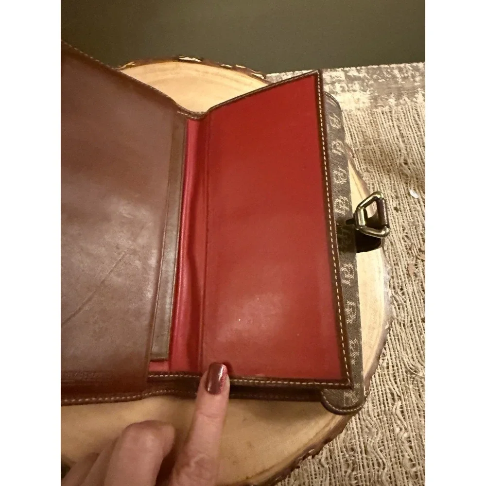 Vintage Dooney & Bourke Brown Leather Canvas Logo Trifold Checkbook Wallet